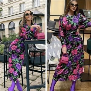 NWT- Zara Woman's Floral Printed Long Dress Purple Green Pink. Size M